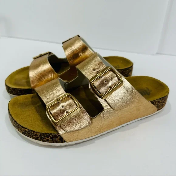 ๐ฉท AUSTIN TRADING CO. WOMENS ROSE GOLD DUAL STRAP CORK SLIDES SIZE 7 GOOD - Picture 2 of 13